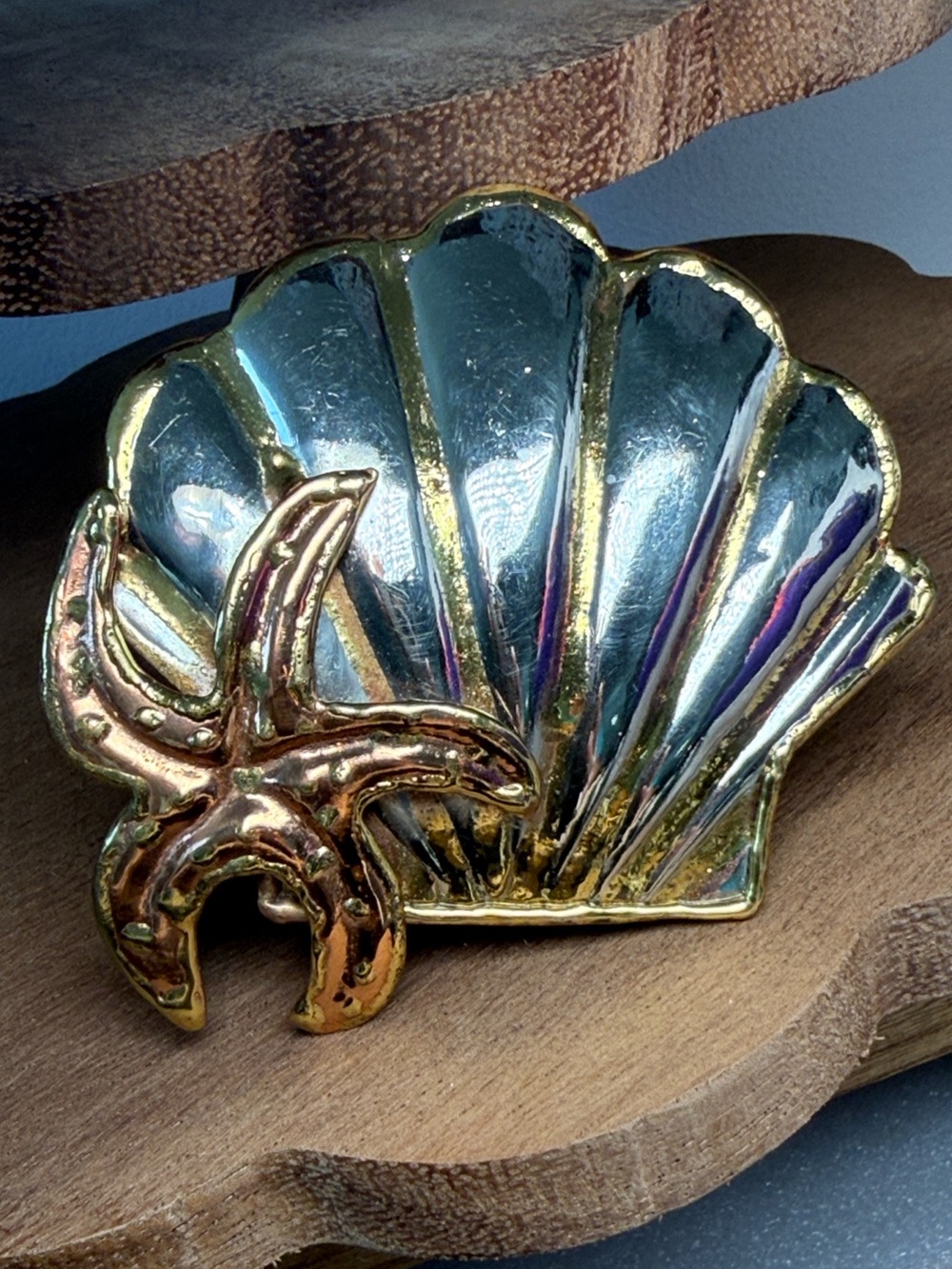 VTG New Seashell & Starfish Metal Brooch Pin Silver Gold Copper Made in Mexico